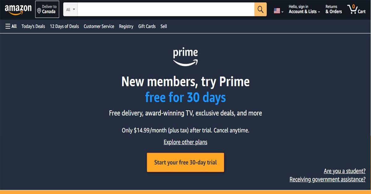 Landing Page of the amazon prime website